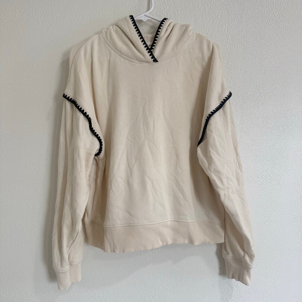 American Eagle Contrast Stitch Crossover Hoodie Cream Black Basic Size Medium - Picture 2 of 7